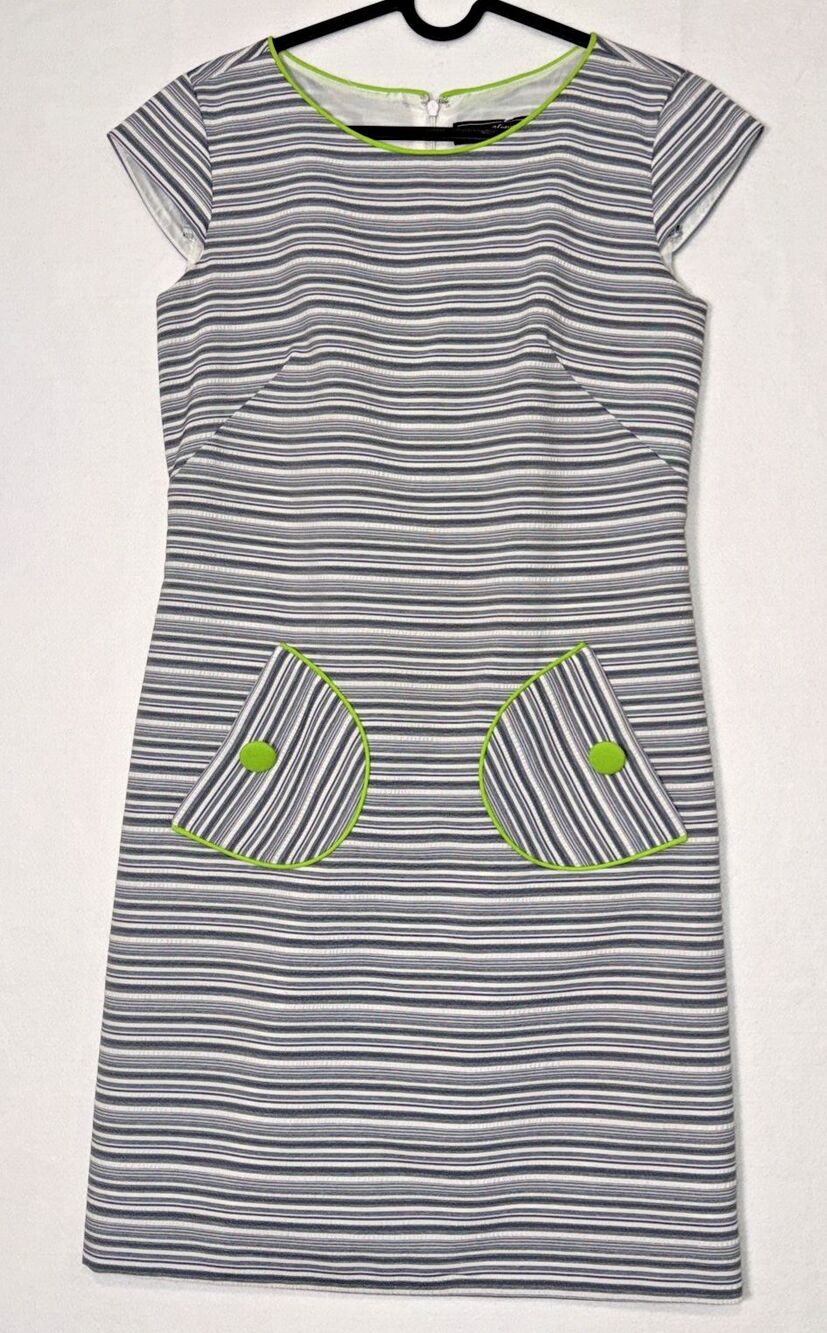 Jessica Howard Dress Gray Chartreuse Green Trim Pockets 4P Cap sleeve Retro 60s
